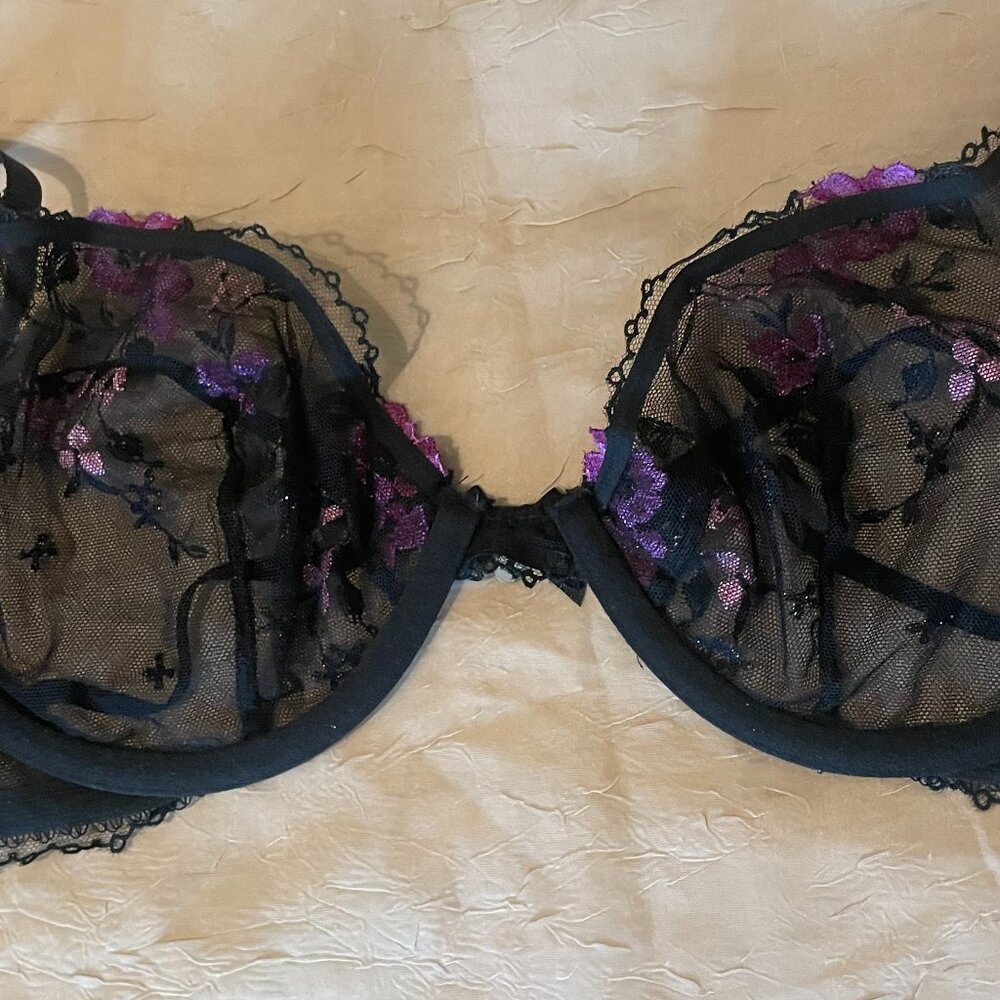 Victoria's Secret Black Embroidered Purple and Pink Accent Low Cut Demi - Picture 7 of 11